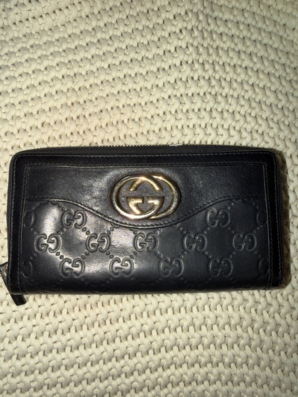 Gucci Black Embossed GG Continental Zip Wallet with Gold Double G